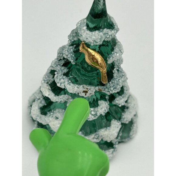 Fenton Green Christmas Tree Set 4" Gold Bird  3" With White Snow Accents Glass - Picture 10 of 10